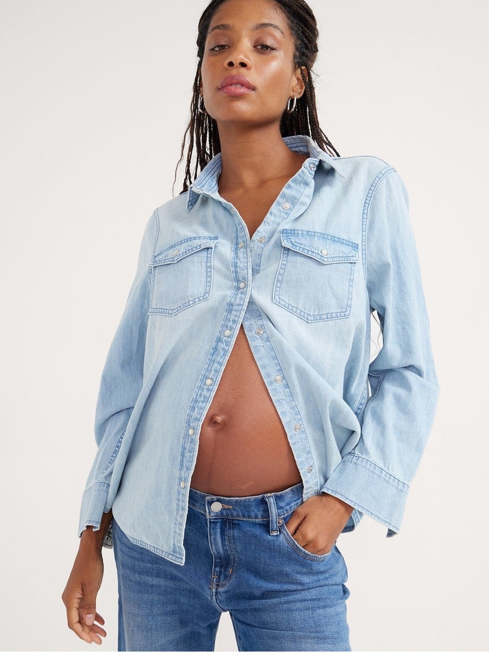HATCH The Denim Maternity Shirt Light Wash Snap Front